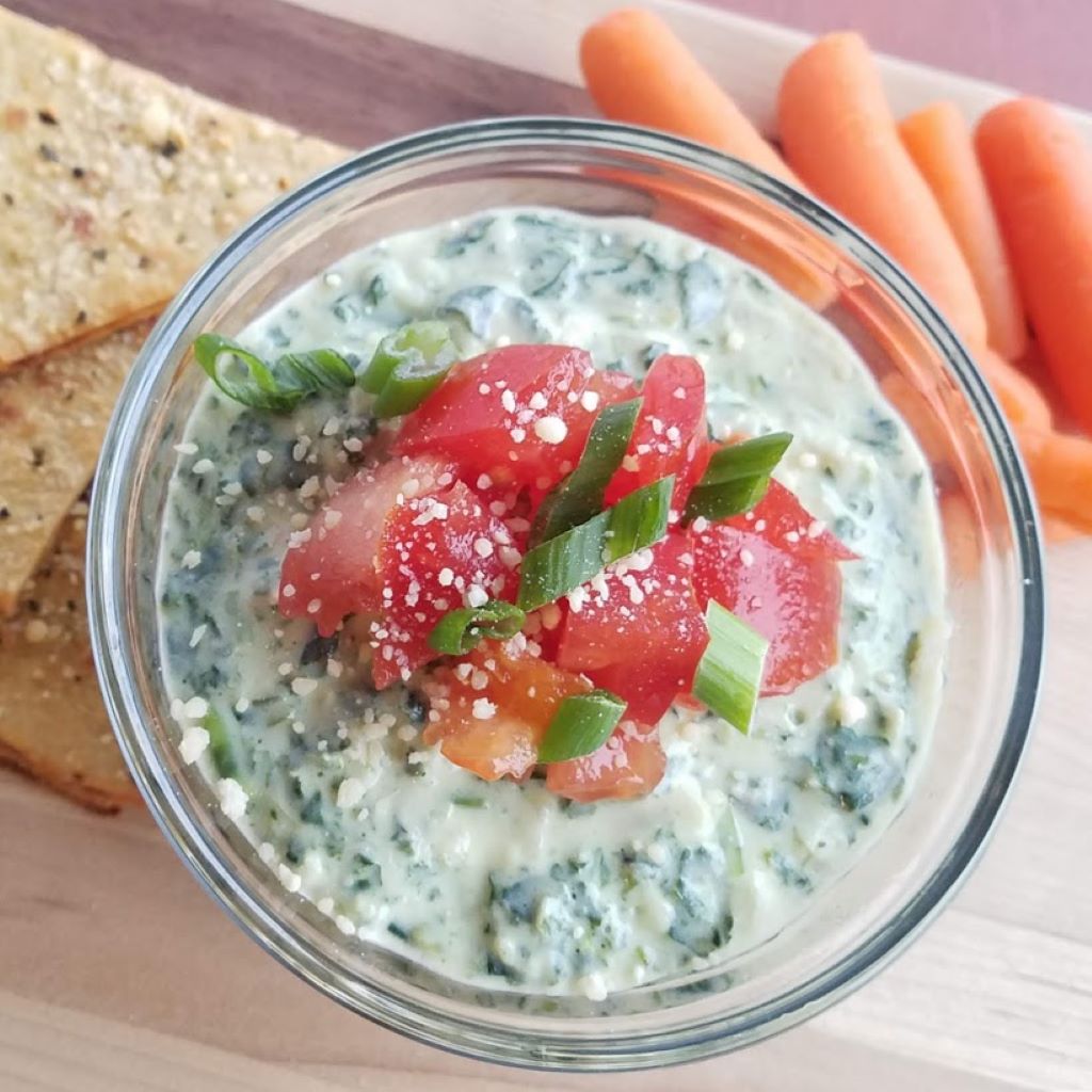 Keto spinach artichoke dip with diced tomatoes
