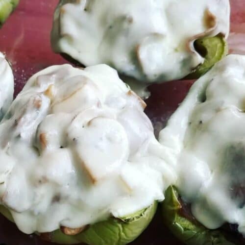 Stuffed green peppers with roast beef and provolone cheese