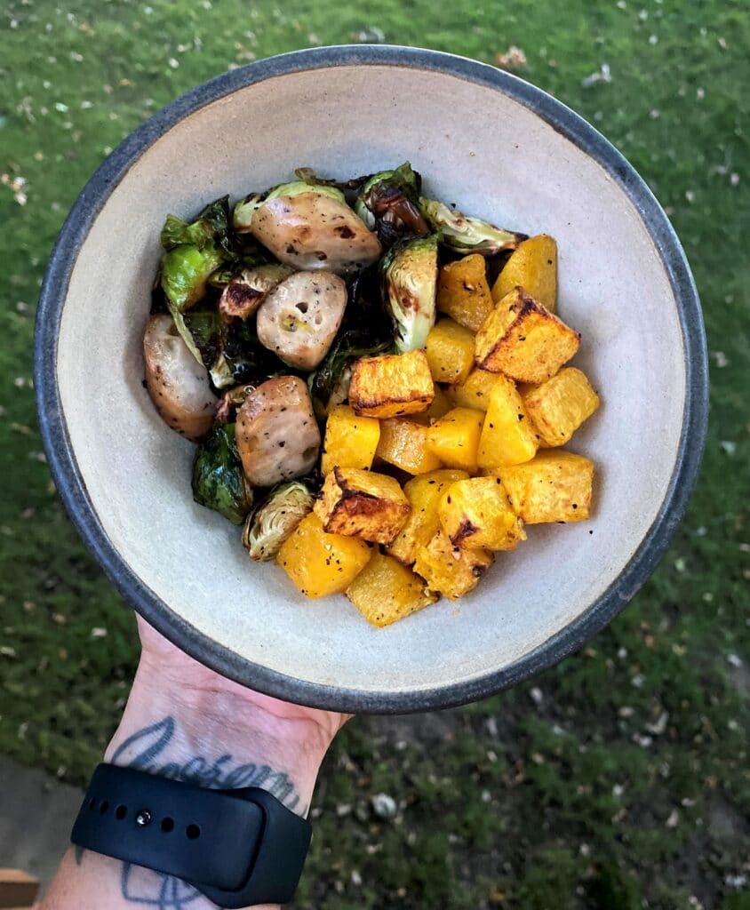 Air fryer squash with chicken sausage and brussels sprouts