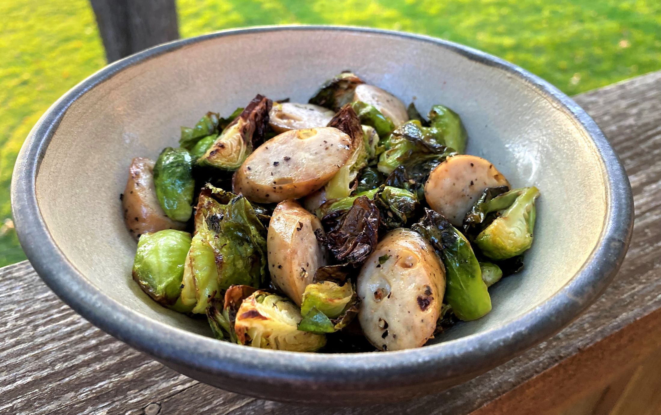 Air Fryer Chicken Sausages with Crispy Brussels Sprouts