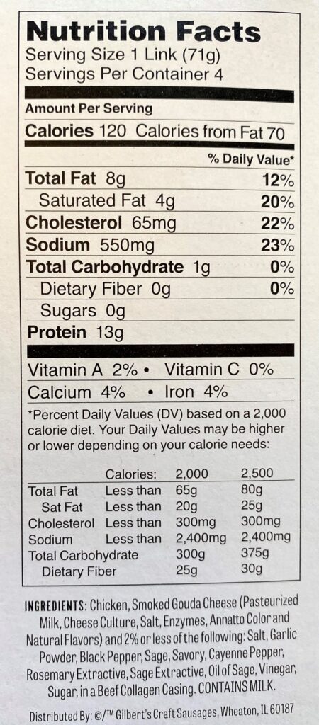 Gilberts smoked gouda chicken sausage nutrition facts